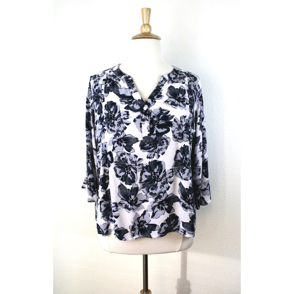 Hippie BOHO Y2K Gauze Top Sz. 3X White Black Gray Floral Cottagecore 3/4 Sl. #03